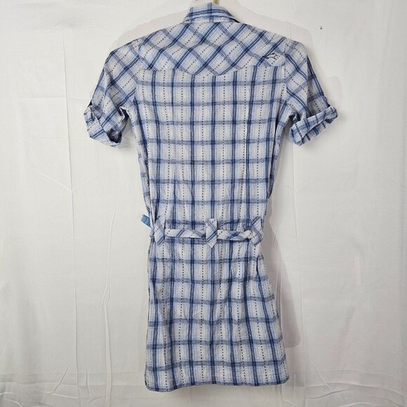 Horny Toad Shirt Dress Womens Small Blue Plaid Button Up Outdoor Belted Tie Knee - Picture 2 of 10